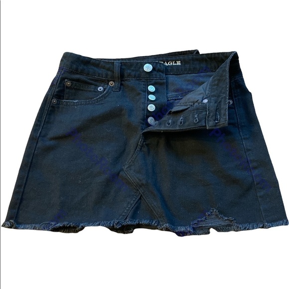 American Eagle Outfitters Hi Rise Festival Mini Jean Skirt Black Fringe Distress - Picture 2 of 12